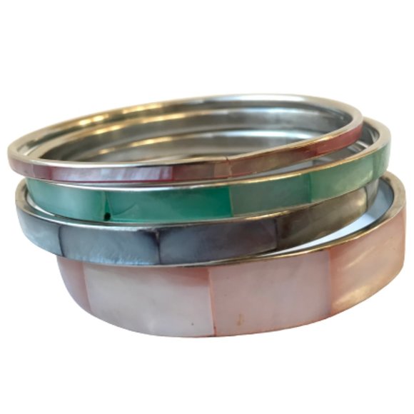 Vintage Shell Inlay Silver Boho Bangle Bracelets - Picture 13 of 16